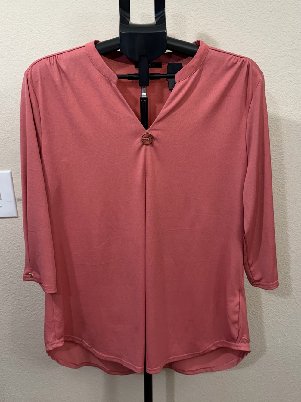 Chic Rose Pink Pleated V Neck Blouse XL | Business Casual Coastal Grandma Preppy